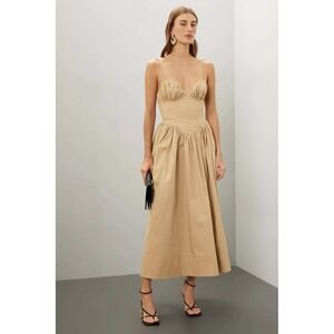 Ronny Kobo Tan Khaki Cotton Corset Midi Dress Sweetheart Neckline Size L